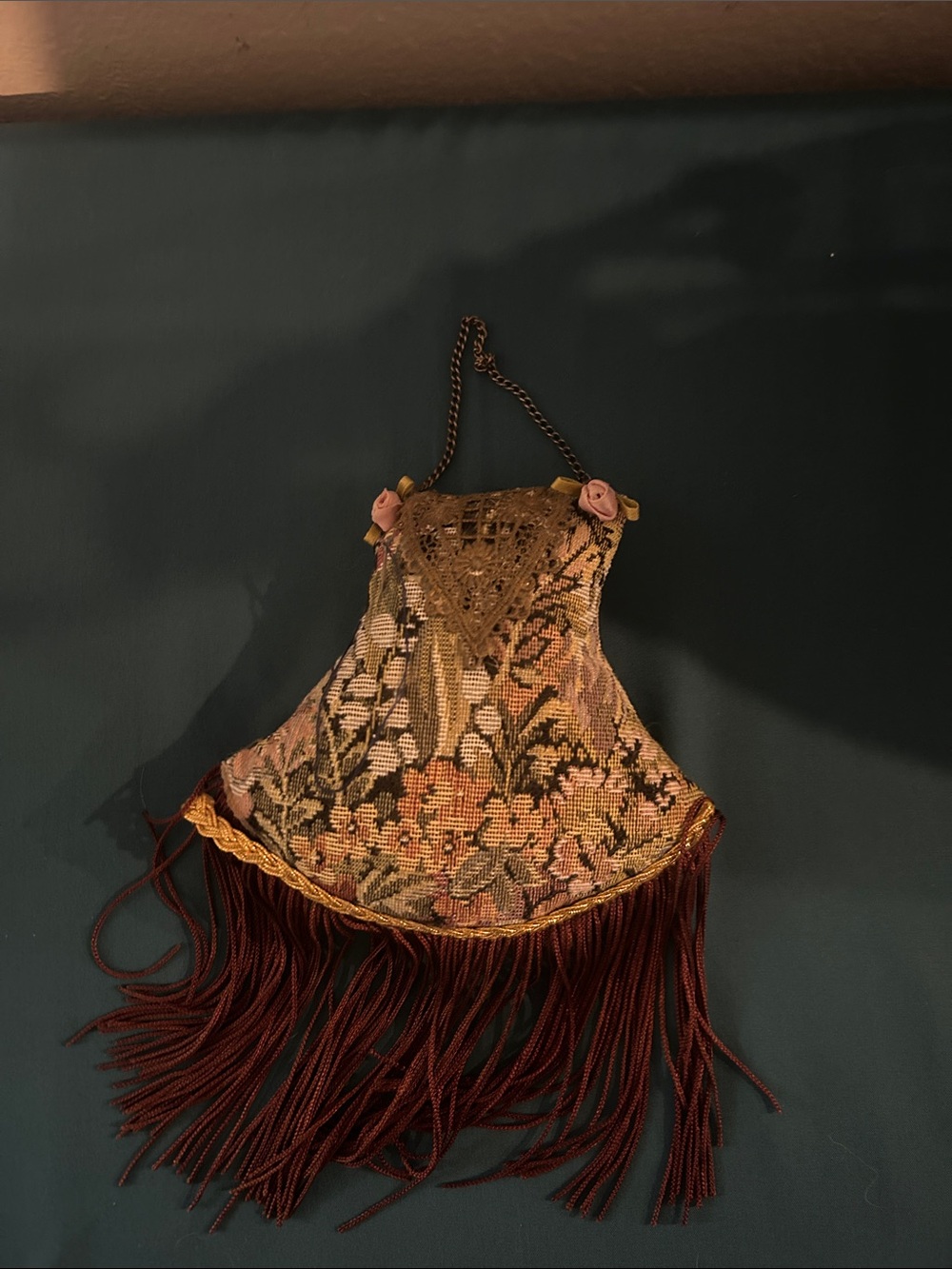 Vintage Floral Beaded Fringe Evening Bag in Brown and Gold